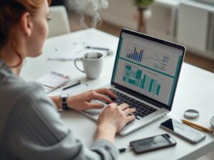 A realistic office scene showing a small team working together on laptops and notebooks.