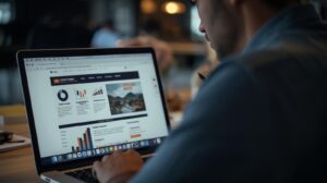 A close-up of a content creator designing a blog post on a laptop.