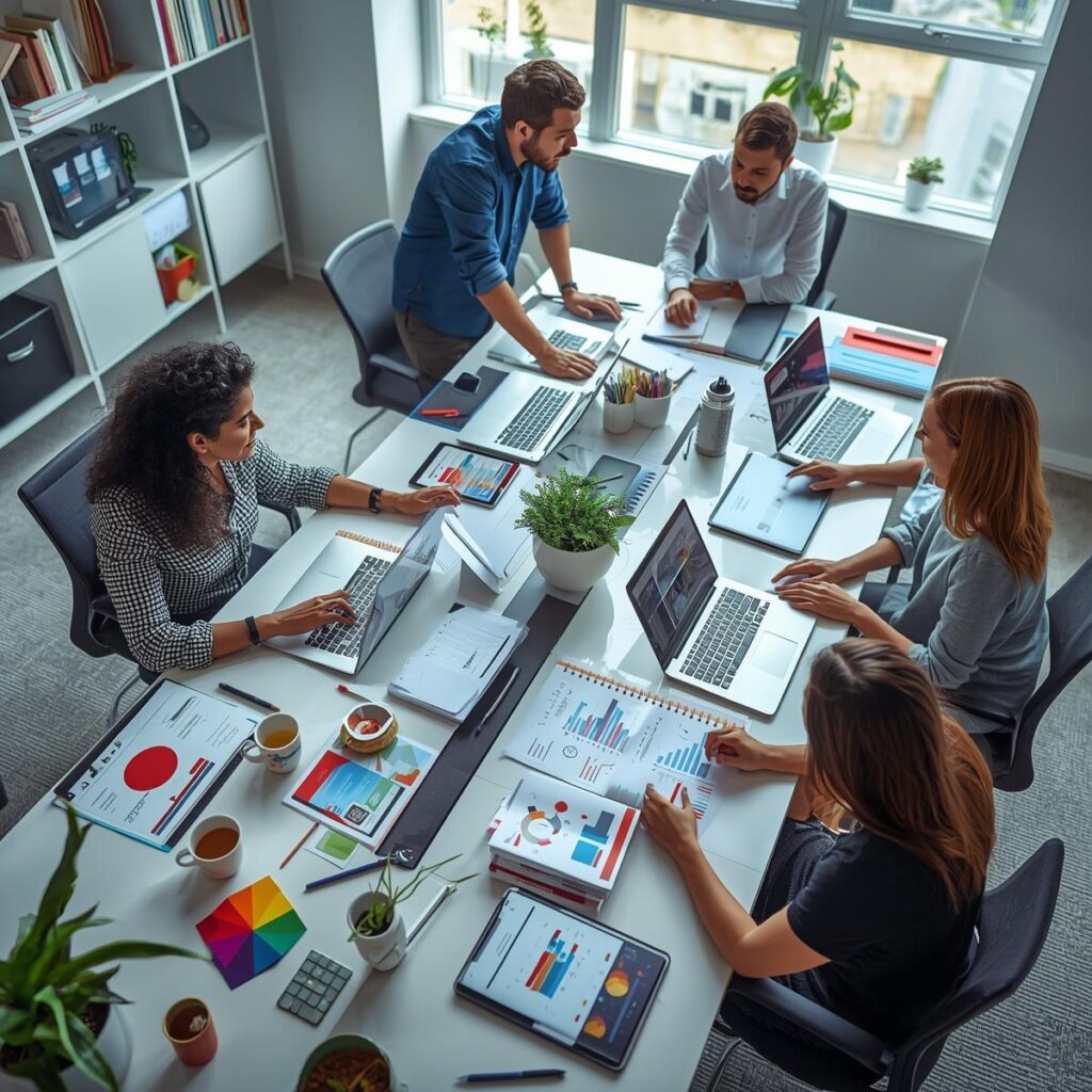 A modern office workspace with a digital marketing team creating content.