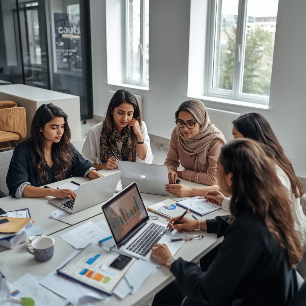 A realistic image of a digital marketing team working in an office, laptops