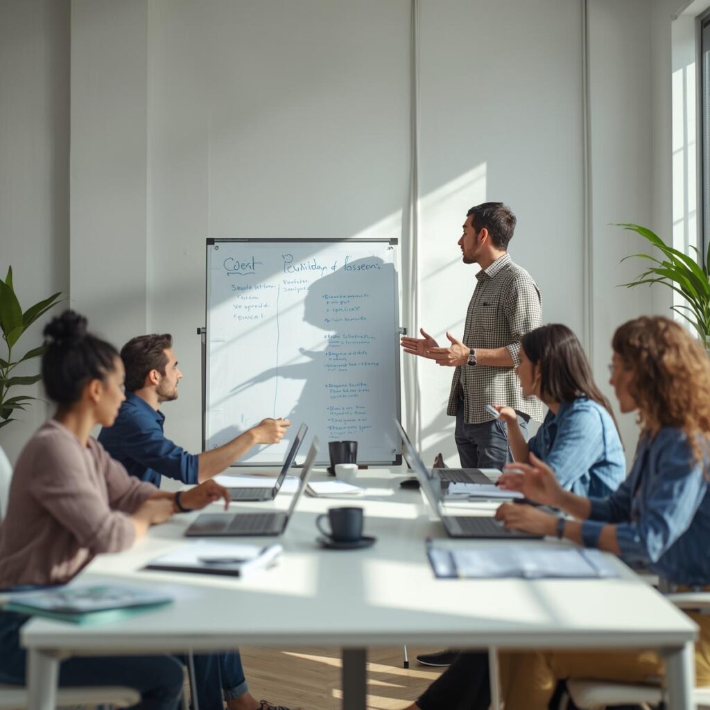 A realistic office scene showing a small team working together on laptops and notebooks.