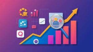 Illustration of website growth with data charts, analytics icons