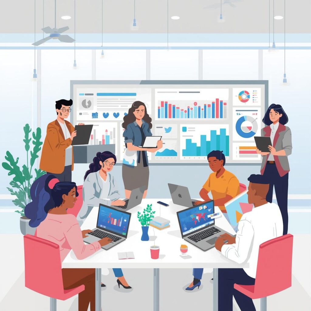 A team of digital marketers working together in an office, laptops and screens showing graphs and social media