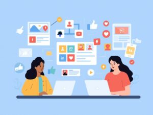 Social media marketing concept, showing posts, likes, and engagement