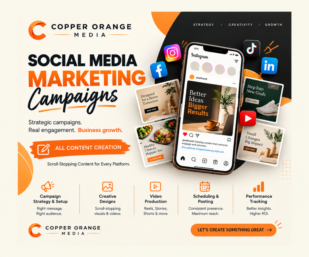 Copper Orange Media social media marketing services featuring social media strategy and planning, content creation, social media management, paid social ads, and audience engagement across digital platforms.