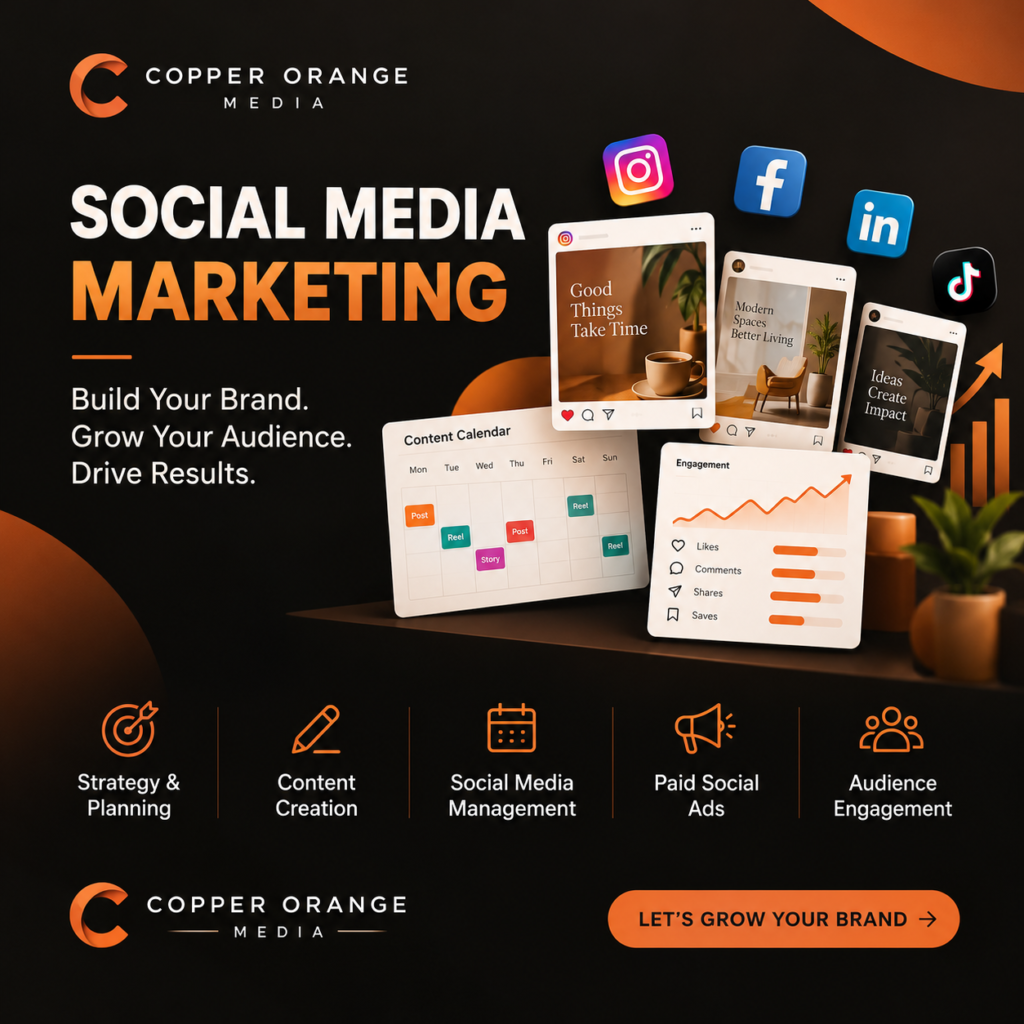 Copper Orange Media social media marketing campaigns and content creation services featuring campaign strategy, creative designs, video production, social media scheduling, and performance tracking.
